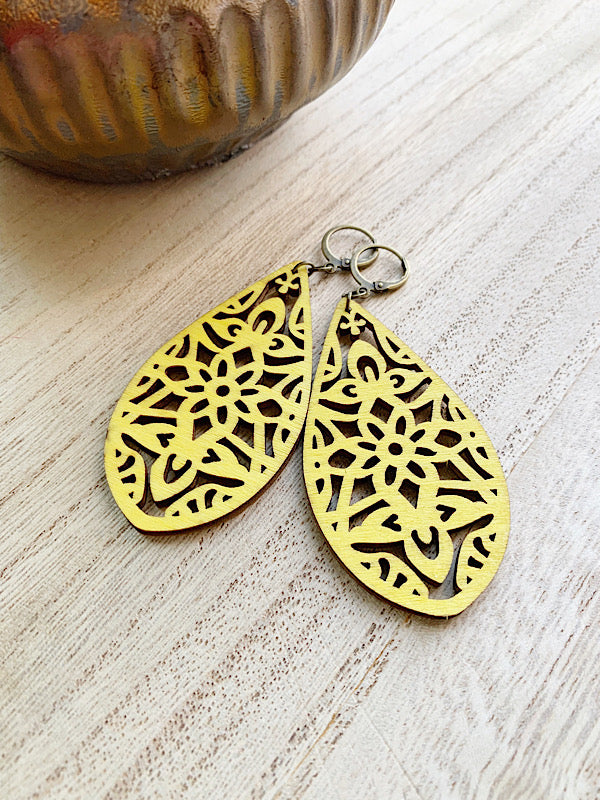 wooden dangle earrings, yellow lever back closures, earrings for women